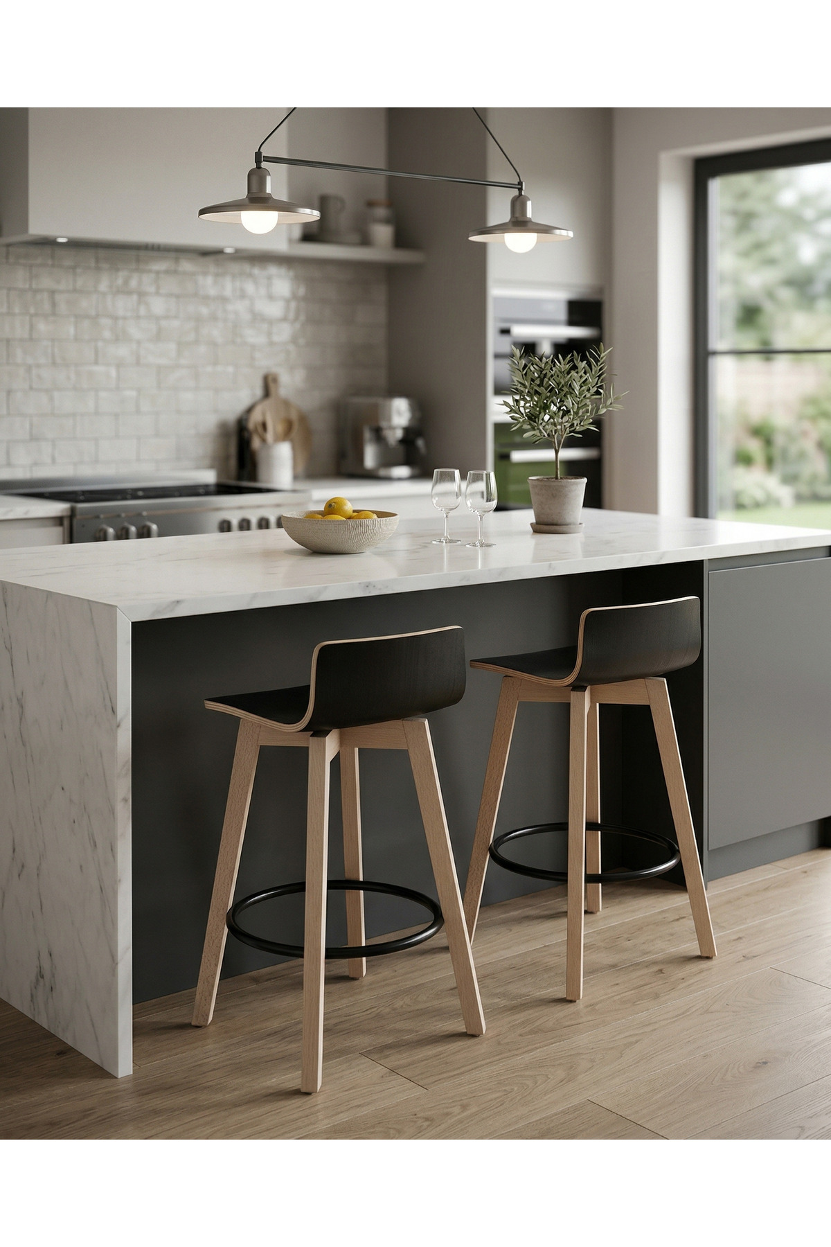 2'li Set Munich Natural Ahşap Laminatlı Counter Bar Sandalyesi Ada Mutfak Sandalyesi Demonte